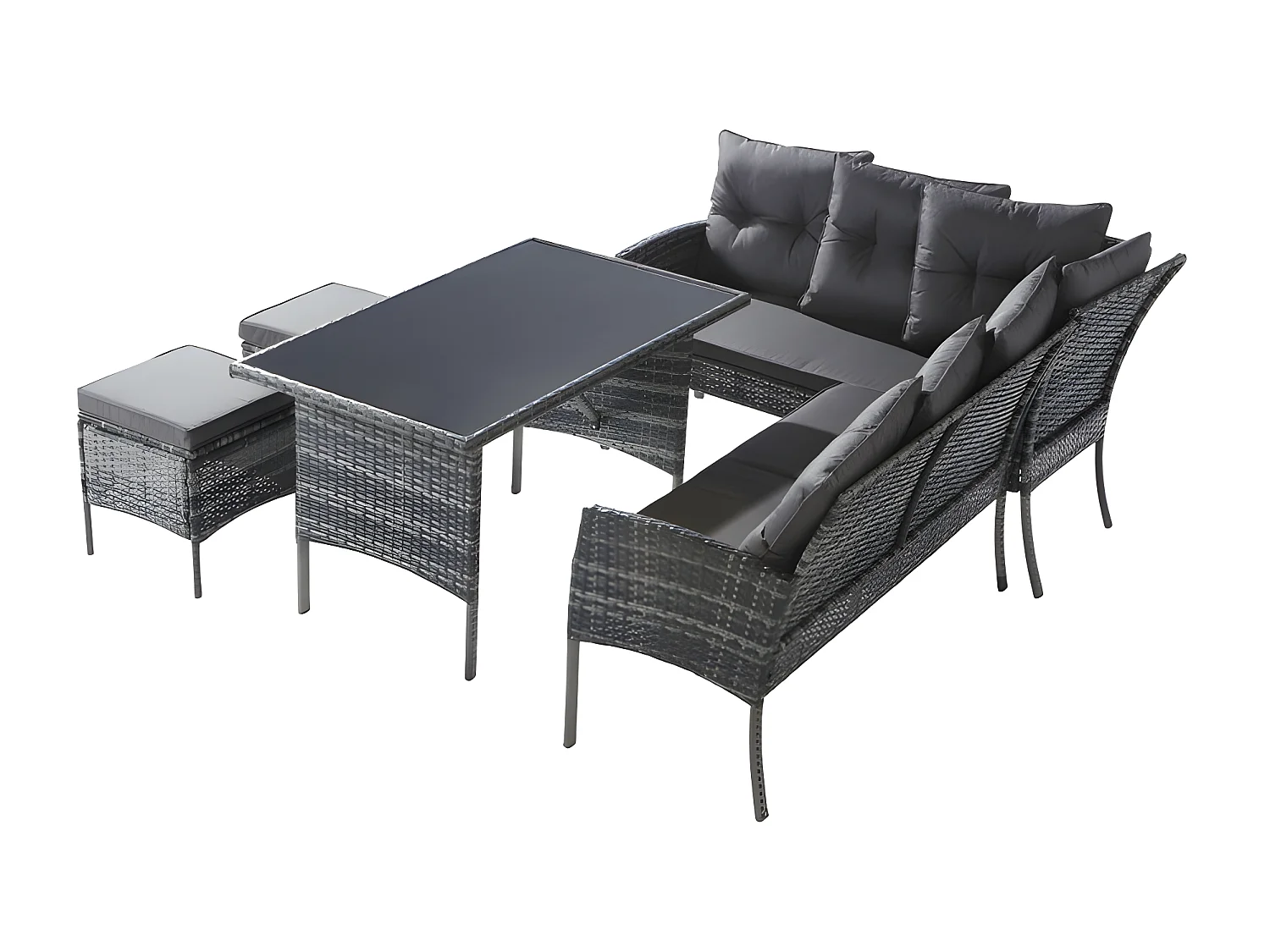 Salon de jardin 7 places en rotin PE - 2 canapés, 2 tabourets et 1 table basse - structure en acier