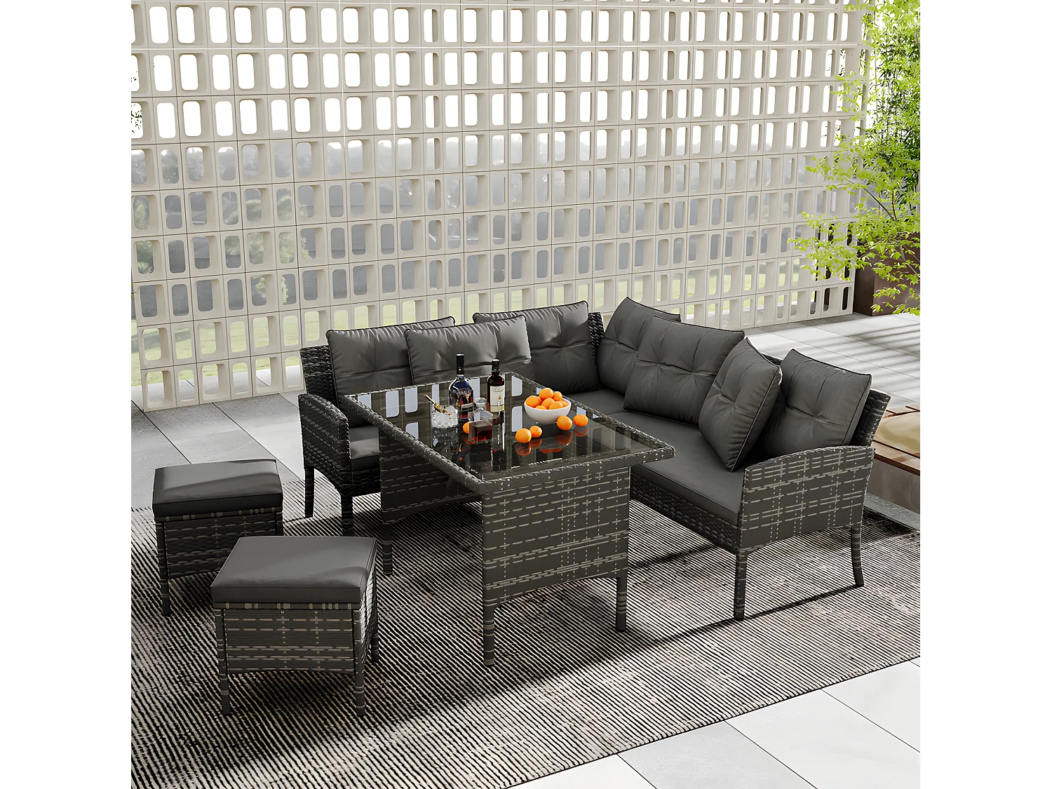 Salon de jardin 7 places en rotin PE - 2 canapés, 2 tabourets et 1 table basse - structure en acier