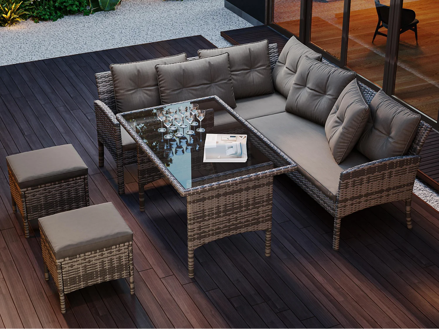 Salon de jardin 7 places en rotin PE - 2 canapés, 2 tabourets et 1 table basse - structure en acier