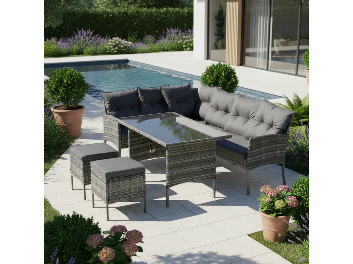 Salon de jardin 7 places en rotin PE - 2 canapés, 2 tabourets et 1 table basse - structure en acier