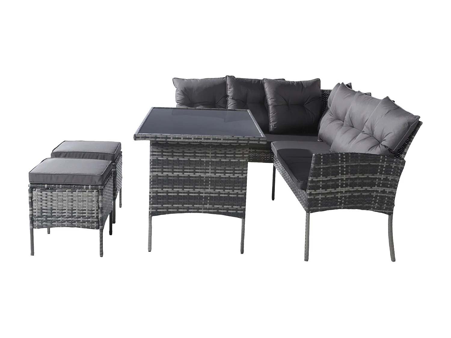 Salon de jardin 7 places en rotin PE - 2 canapés, 2 tabourets et 1 table basse - structure en acier