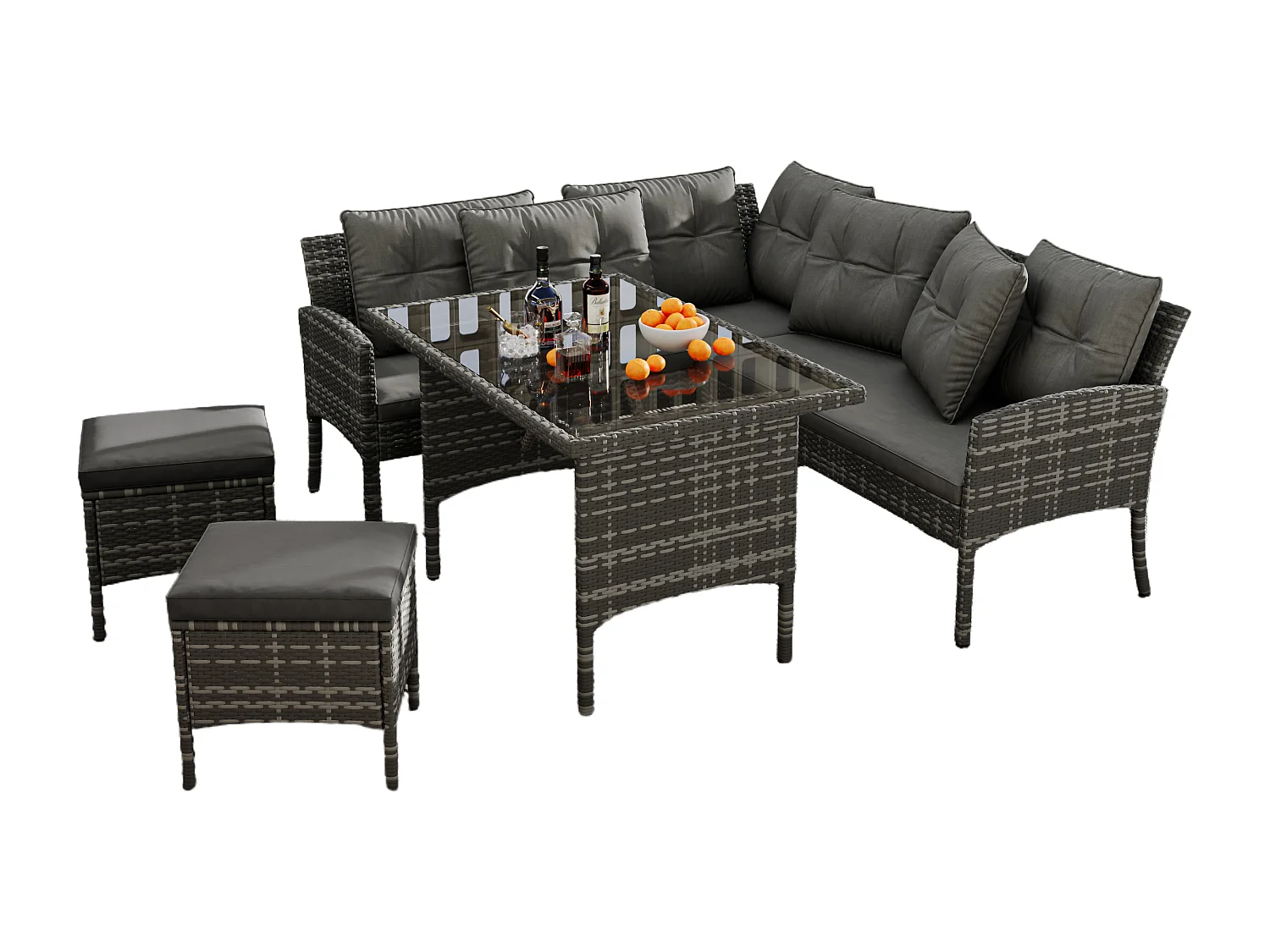 Salon de jardin 7 places en rotin PE - 2 canapés, 2 tabourets et 1 table basse - structure en acier