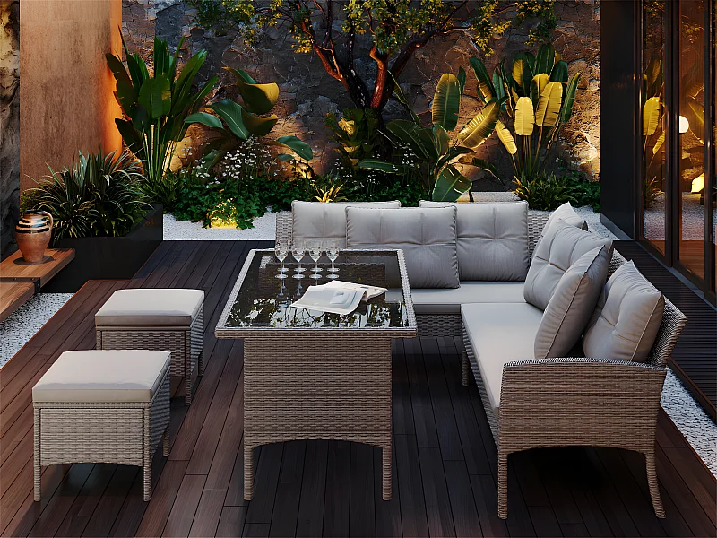 Mobile da giardino in rattan PE 7 posti - 2 divani, 2 sgabelli e 1 tavolino - struttura in acciaio - Grigio chiaro