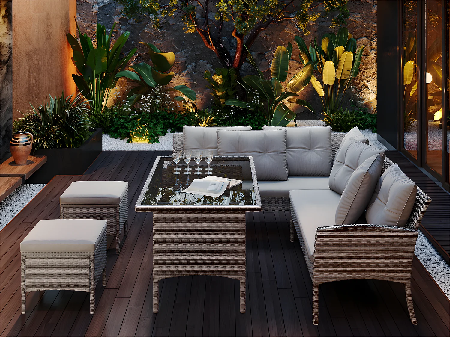 Salon de jardin 7 places en rotin PE - 2 canapés, 2 tabourets et 1 table basse - structure en acier - Gris clair