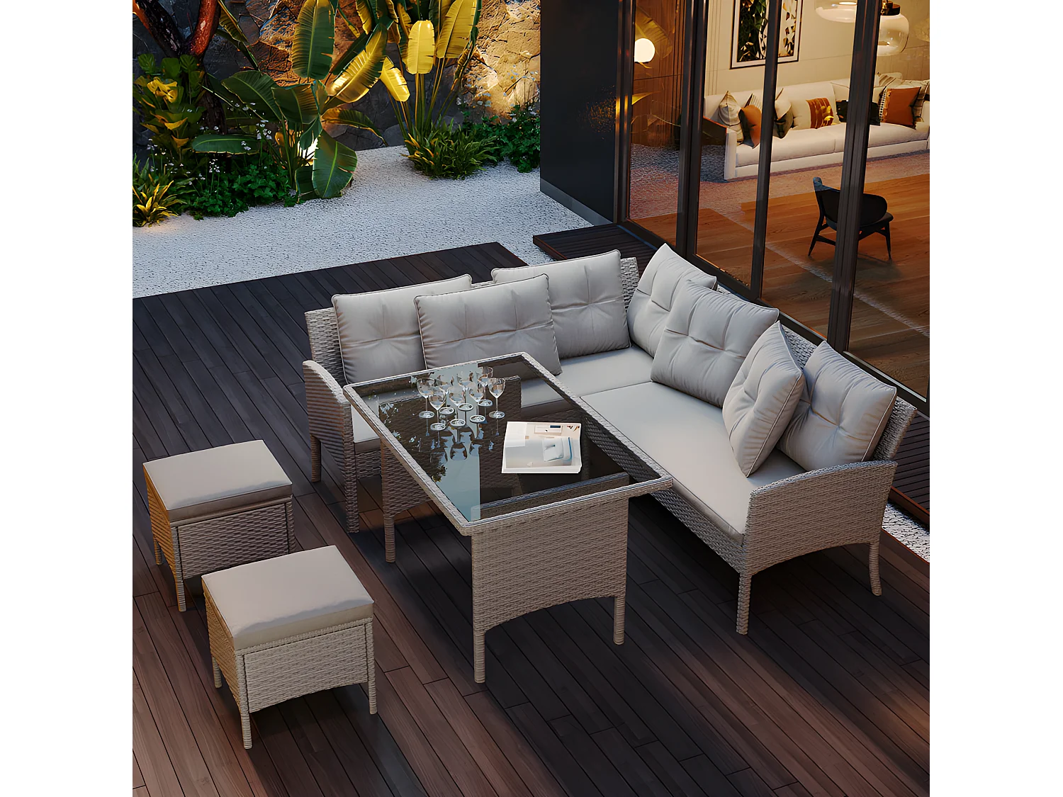 Salon de jardin 7 places en rotin PE - 2 canapés, 2 tabourets et 1 table basse - structure en acier - Gris clair