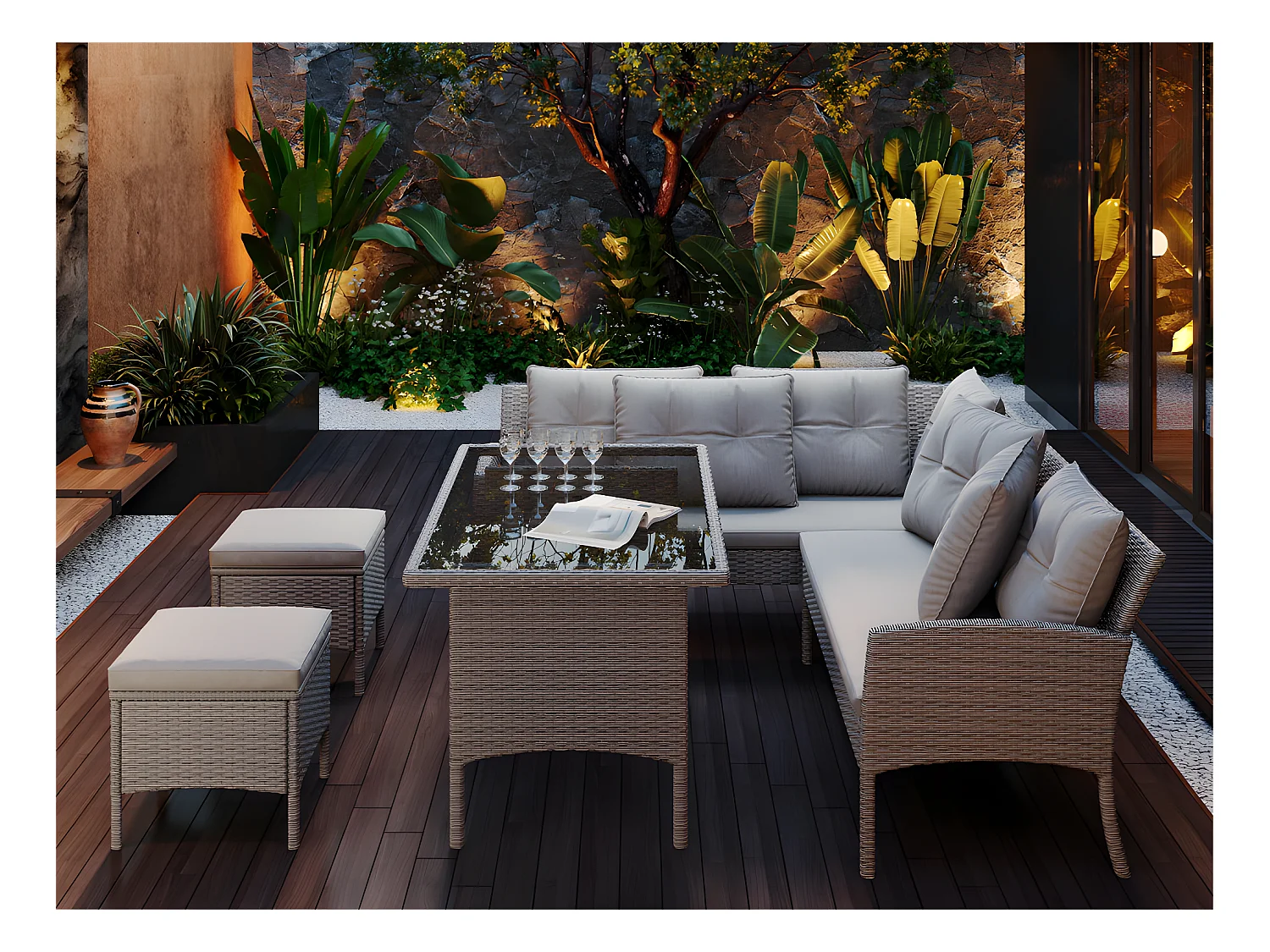 Mobile da giardino in rattan PE 7 posti - 2 divani, 2 sgabelli e 1 tavolino - struttura in acciaio - Grigio chiaro