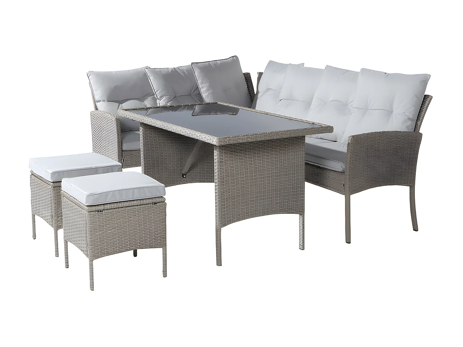 Mobile da giardino in rattan PE 7 posti - 2 divani, 2 sgabelli e 1 tavolino - struttura in acciaio - Grigio chiaro