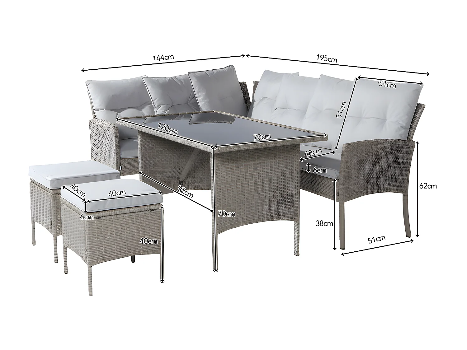 Mobile da giardino in rattan PE 7 posti - 2 divani, 2 sgabelli e 1 tavolino - struttura in acciaio - Grigio chiaro