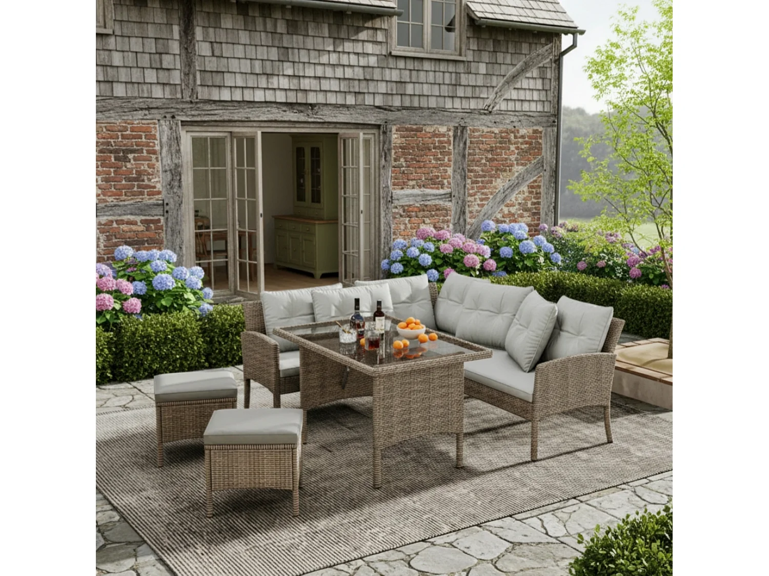 Salon de jardin 7 places en rotin PE - 2 canapés, 2 tabourets et 1 table basse - structure en acier - Gris clair