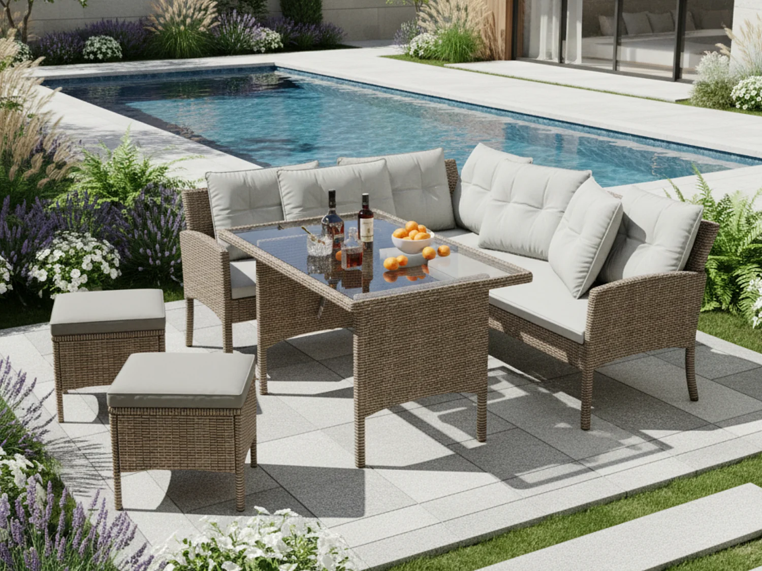 Salon de jardin 7 places en rotin PE - 2 canapés, 2 tabourets et 1 table basse - structure en acier - Gris clair