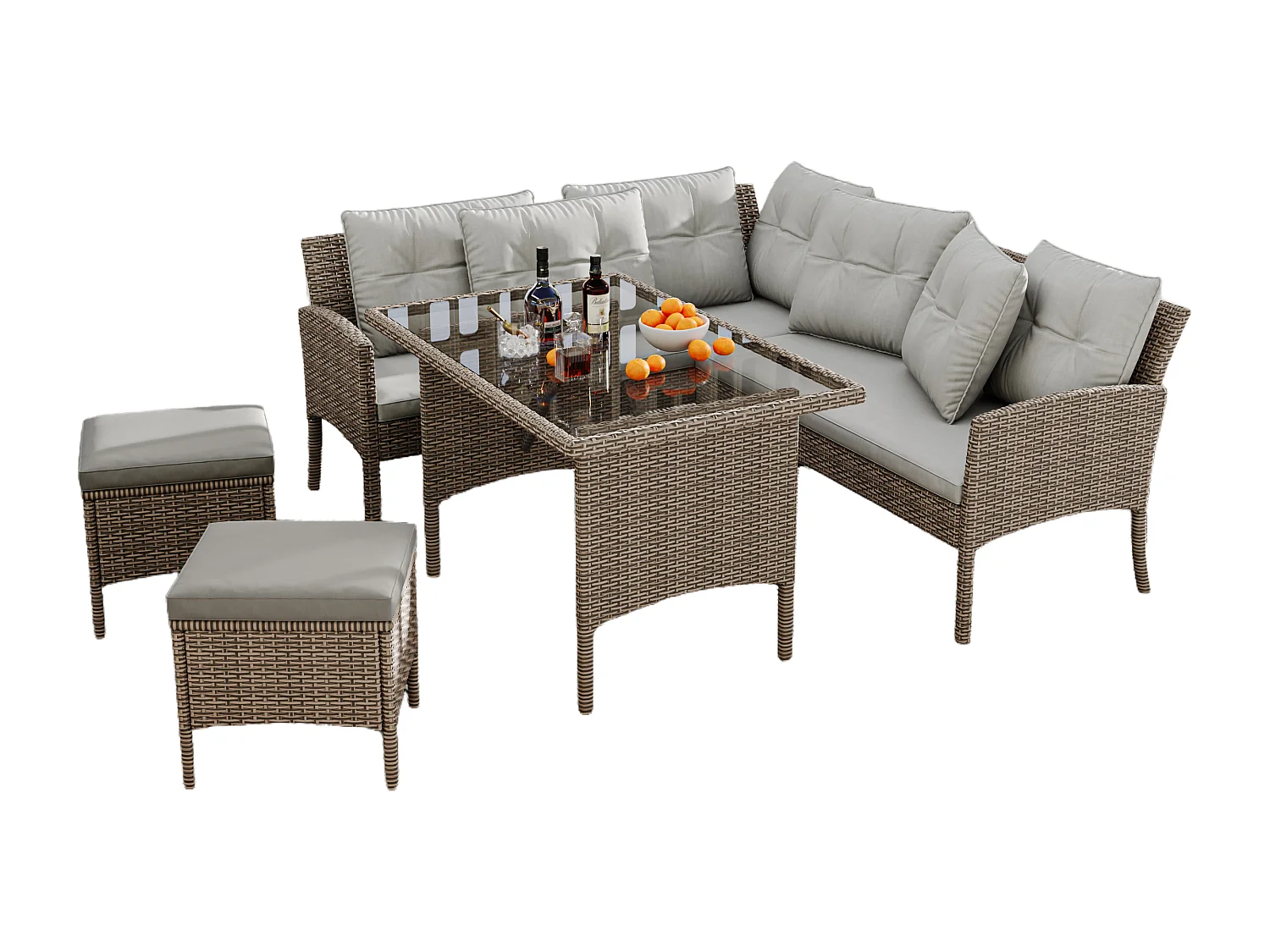 Salon de jardin 7 places en rotin PE - 2 canapés, 2 tabourets et 1 table basse - structure en acier - Gris clair