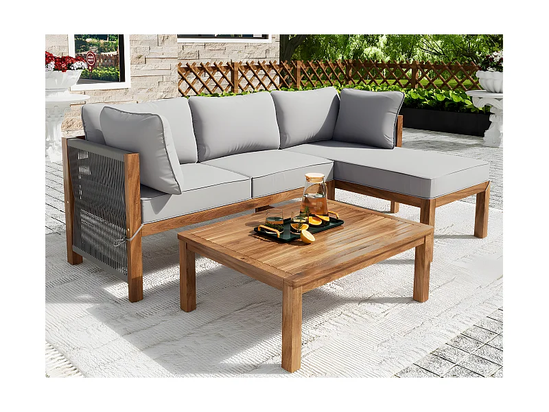 Gartenmöbel aus Akazienholz und grauem Seil – 2 Sofas und 1 Couchtisch – verstellbare Füße – Grau und Natur