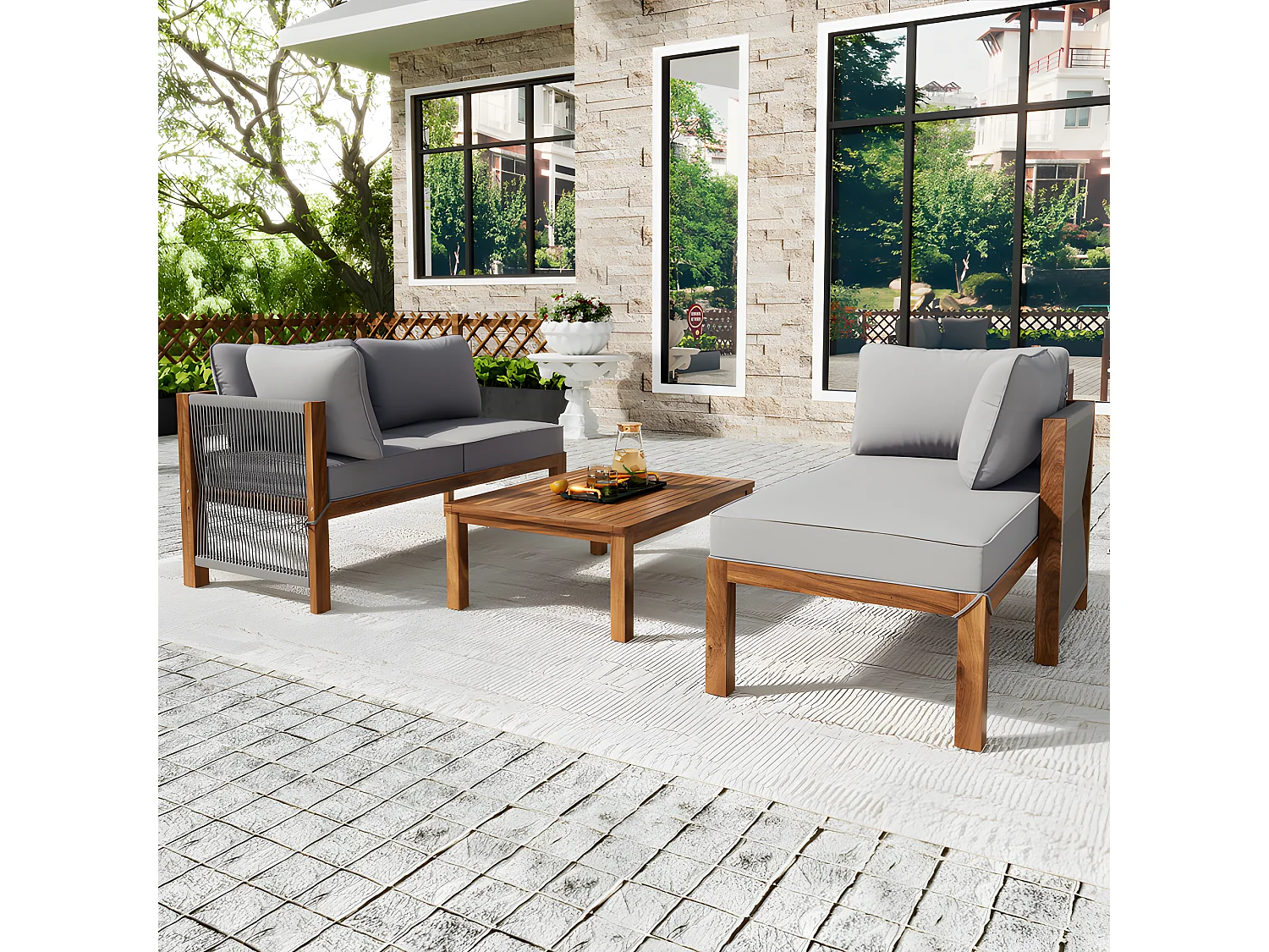 Gartenmöbel aus Akazienholz und grauem Seil – 2 Sofas und 1 Couchtisch – verstellbare Füße – Grau und Natur