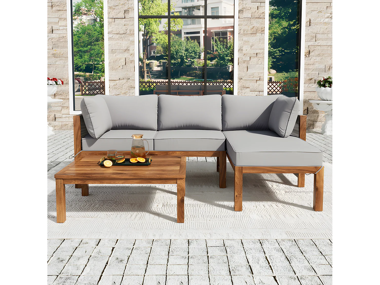 Muebles de jardín en madera de acacia y cuerda gris - 2 sofás y 1 mesa de centro - pies ajustables - Gris y Natural