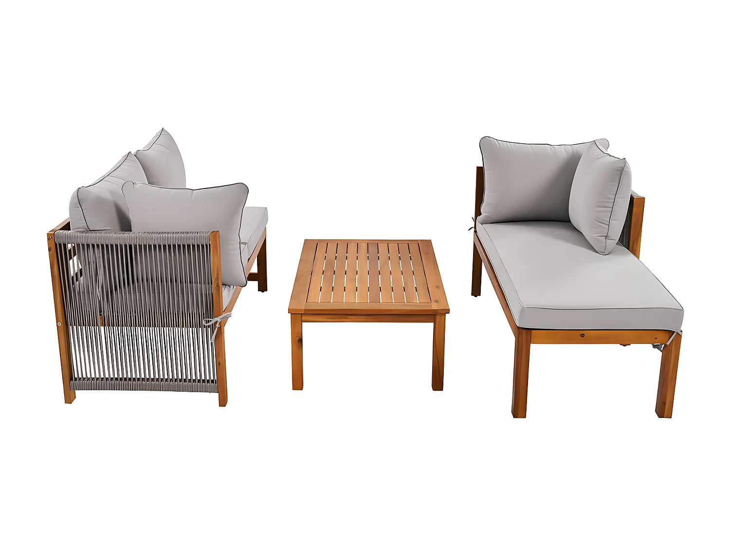 Muebles de jardín en madera de acacia y cuerda gris - 2 sofás y 1 mesa de centro - pies ajustables - Gris y Natural