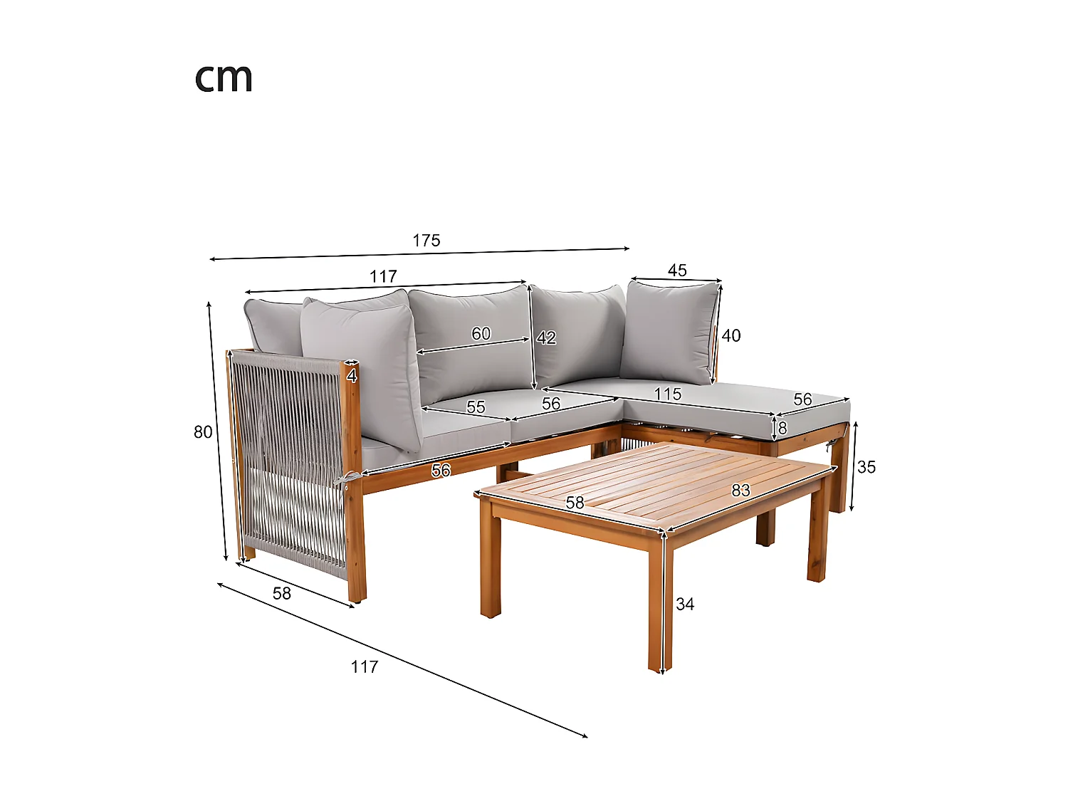Muebles de jardín en madera de acacia y cuerda gris - 2 sofás y 1 mesa de centro - pies ajustables - Gris y Natural