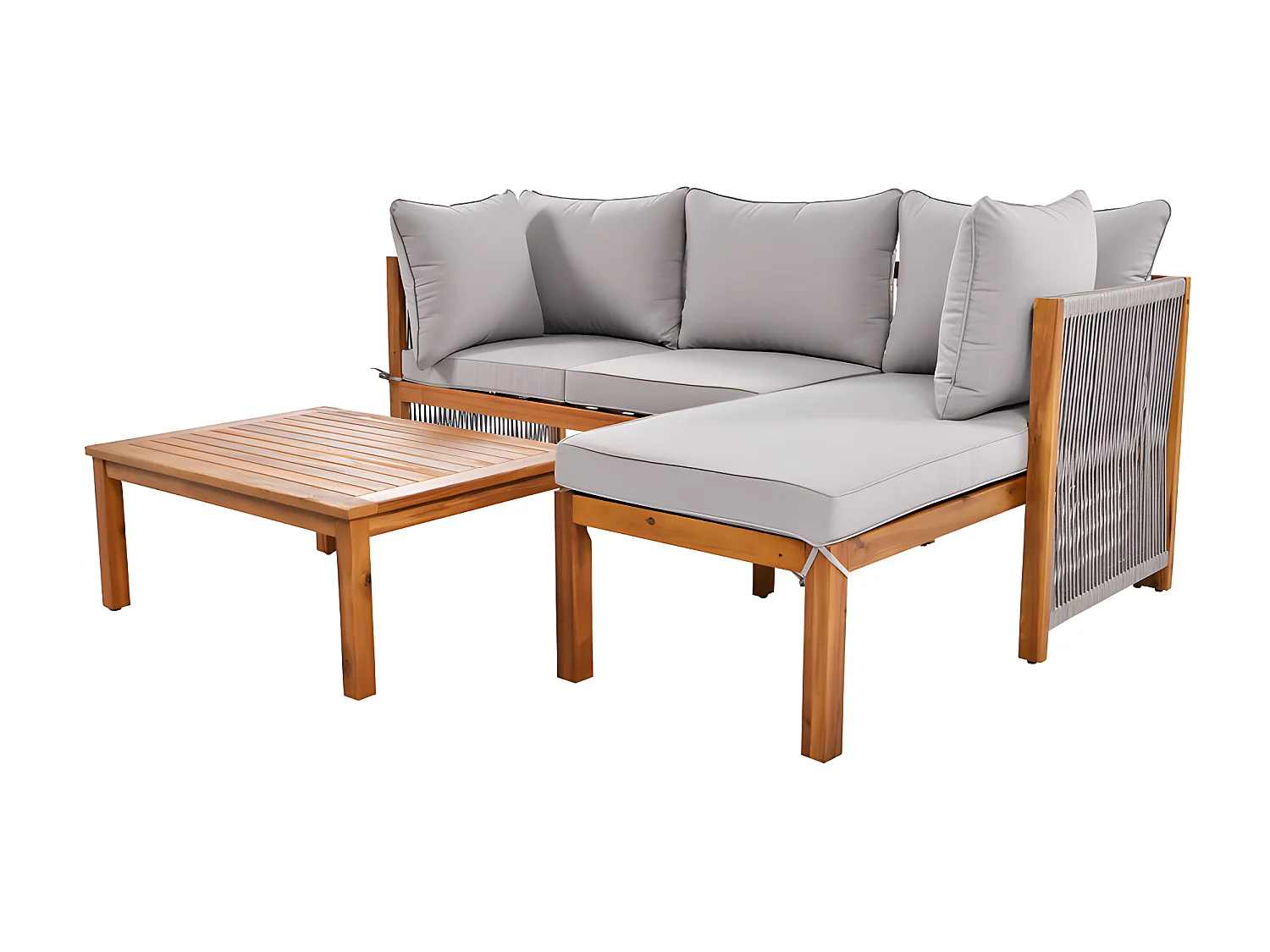Muebles de jardín en madera de acacia y cuerda gris - 2 sofás y 1 mesa de centro - pies ajustables - Gris y Natural