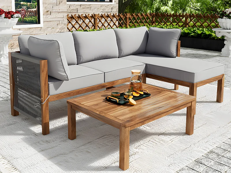 Muebles de jardín en madera de acacia y cuerda gris - 2 sofás y 1 mesa de centro - pies ajustables - Gris y Natural