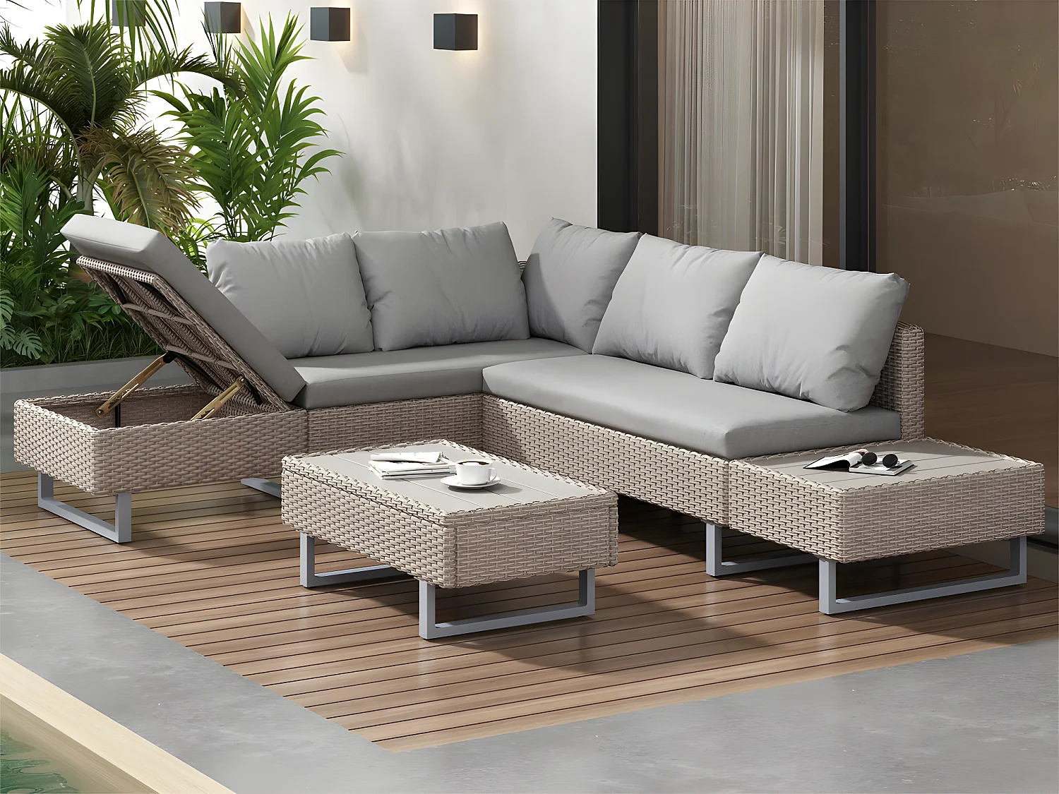 Modulare Gartenmöbel aus PE-Rattan – geeignet für 4 bis 5 Personen – Couchtisch aus Kunststoffplanken – Taupe
