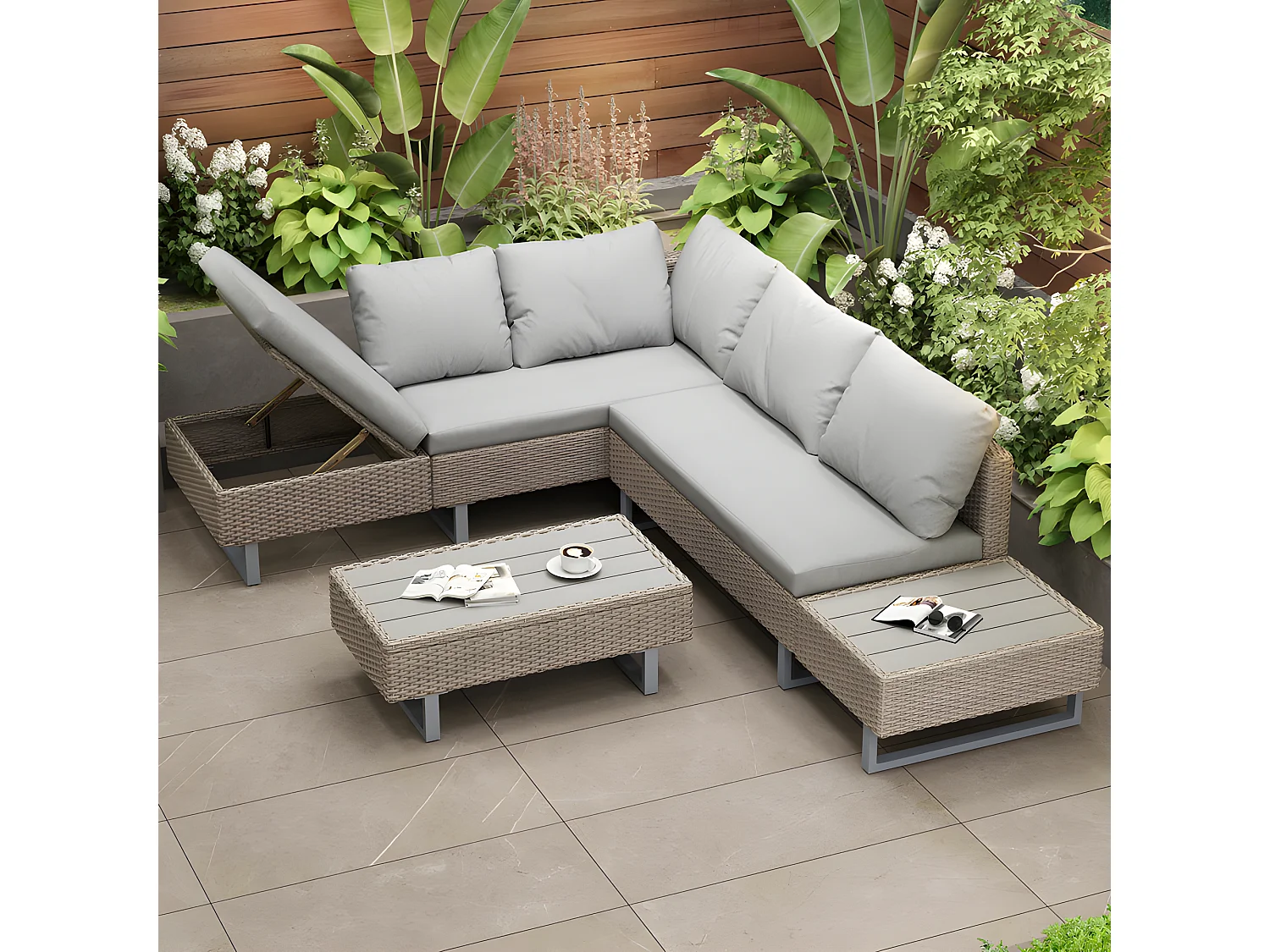 Modulare Gartenmöbel aus PE-Rattan – geeignet für 4 bis 5 Personen – Couchtisch aus Kunststoffplanken – Taupe