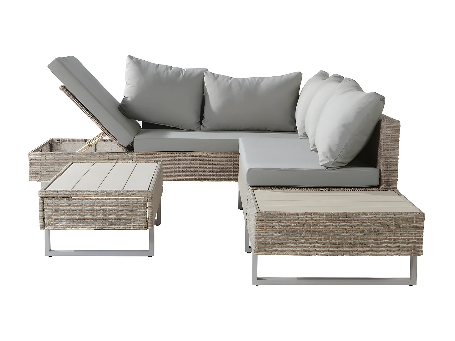 Modulare Gartenmöbel aus PE-Rattan – geeignet für 4 bis 5 Personen – Couchtisch aus Kunststoffplanken – Taupe