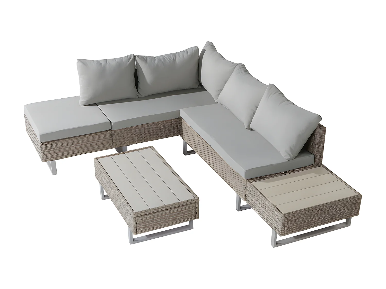 Modulare Gartenmöbel aus PE-Rattan – geeignet für 4 bis 5 Personen – Couchtisch aus Kunststoffplanken – Taupe