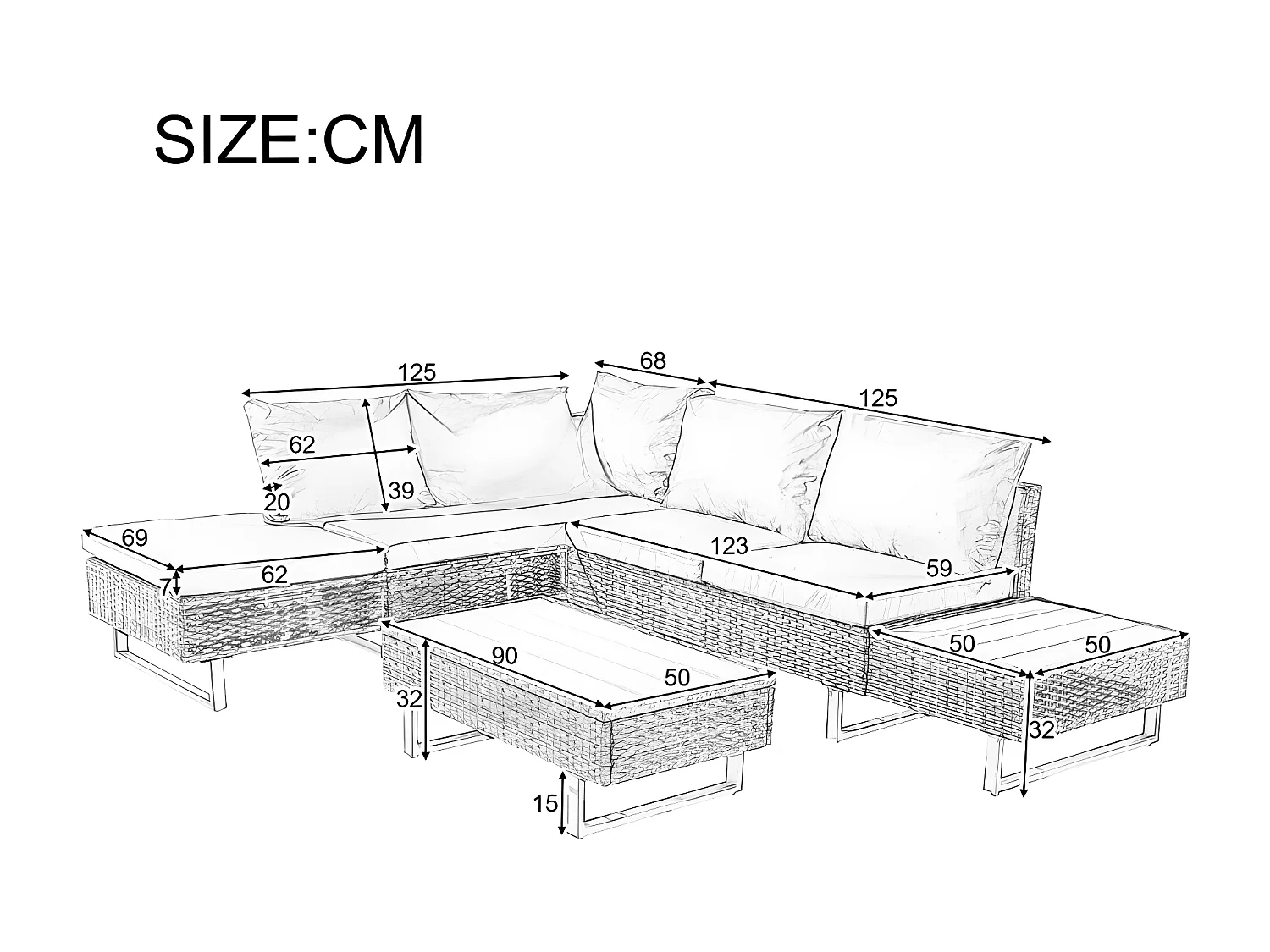 Salon de jardin modulable en rotin PE - adapté pour 4 à 5 personnes - table basse en planches de plastique - Taupe