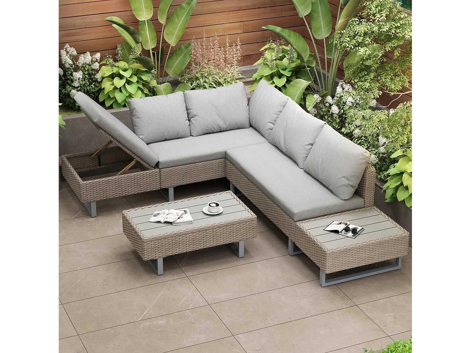 Salon de jardin modulable en rotin PE - adapté pour 4 à 5 personnes - table basse en planches de plastique - Taupe