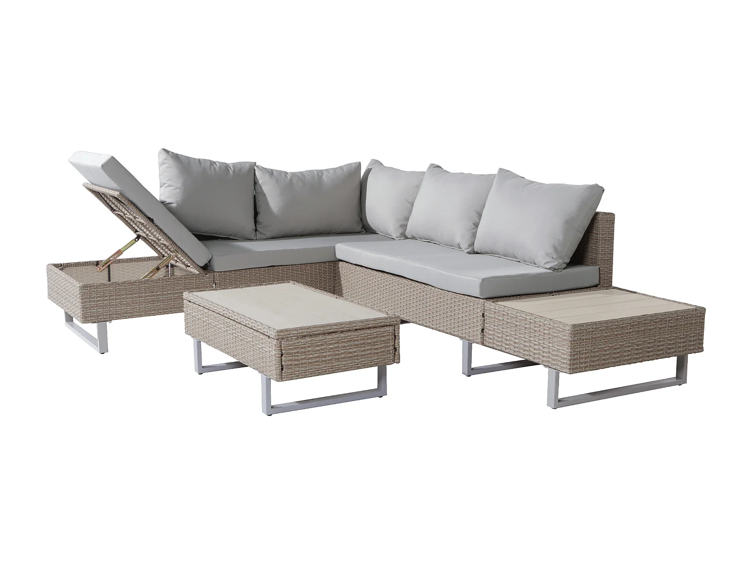 Salon de jardin modulable en rotin PE - adapté pour 4 à 5 personnes - table basse en planches de plastique - Taupe