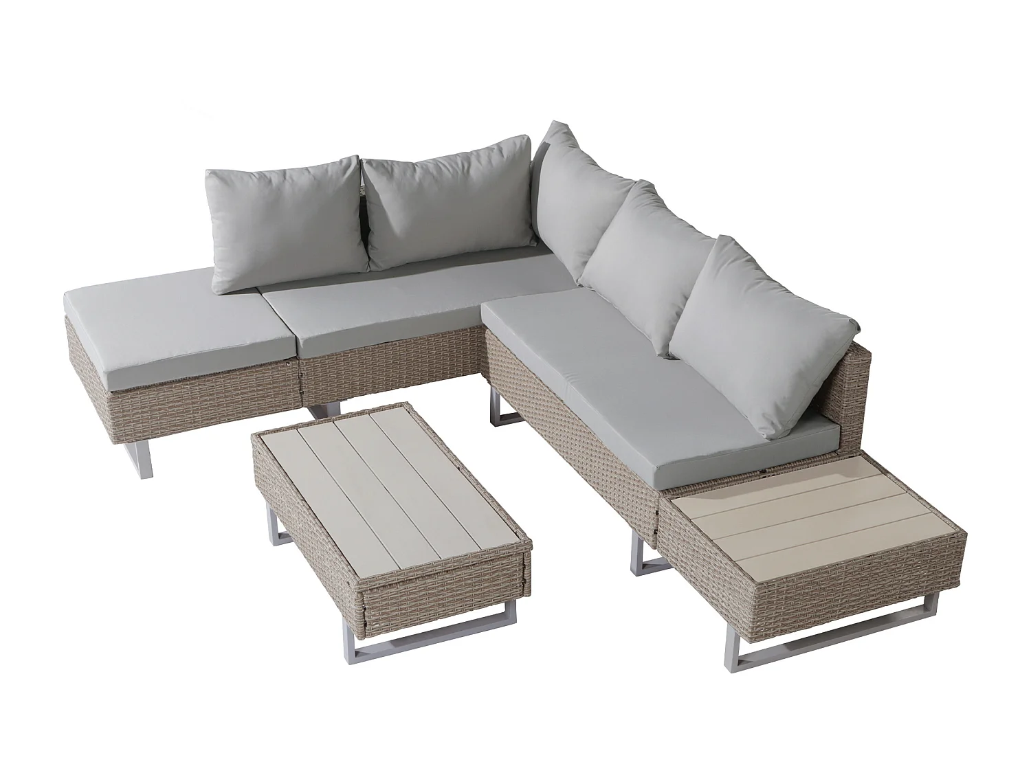 Salon de jardin modulable en rotin PE - adapté pour 4 à 5 personnes - table basse en planches de plastique - Taupe