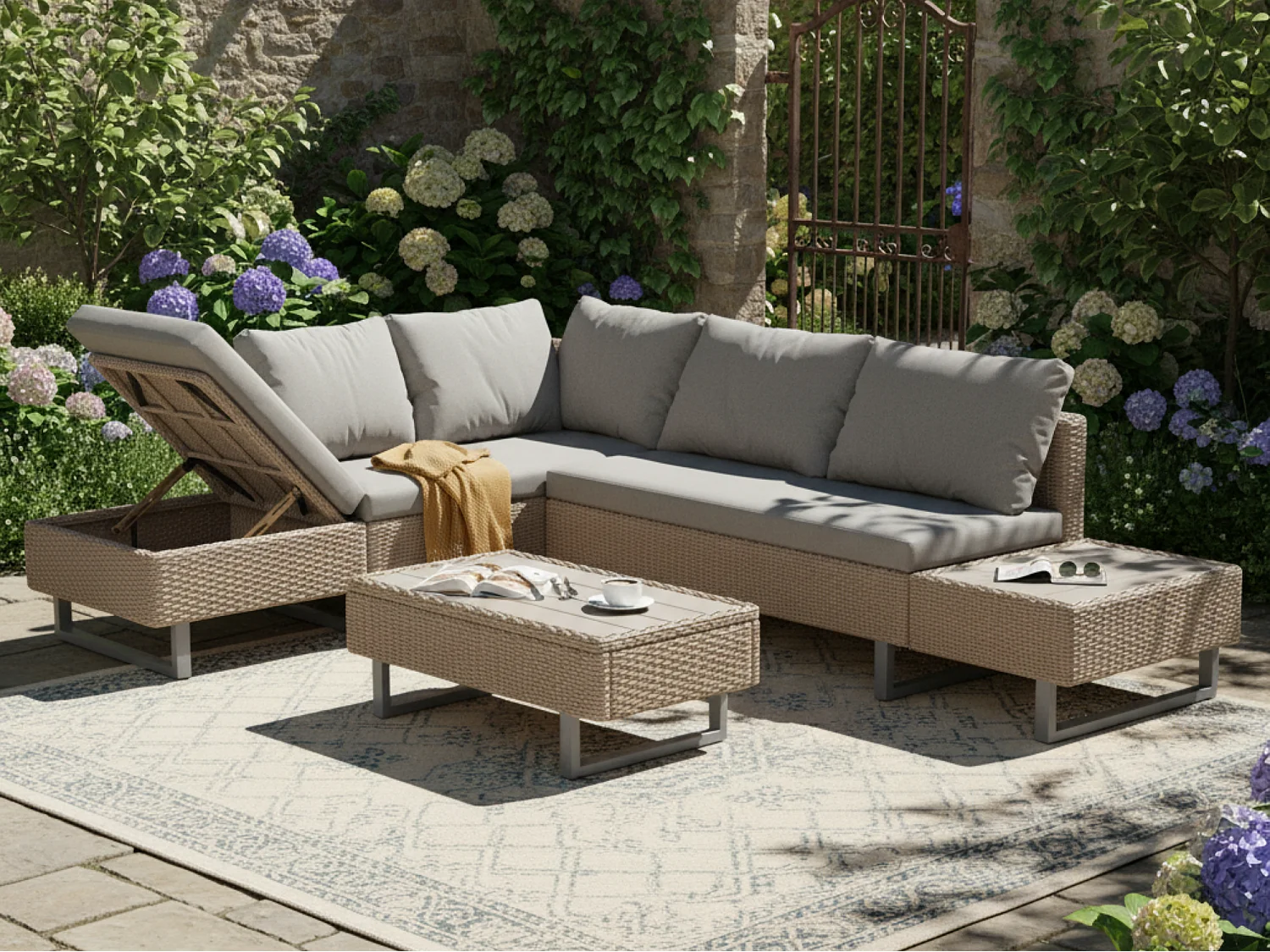 Salon de jardin modulable en rotin PE - adapté pour 4 à 5 personnes - table basse en planches de plastique - Taupe