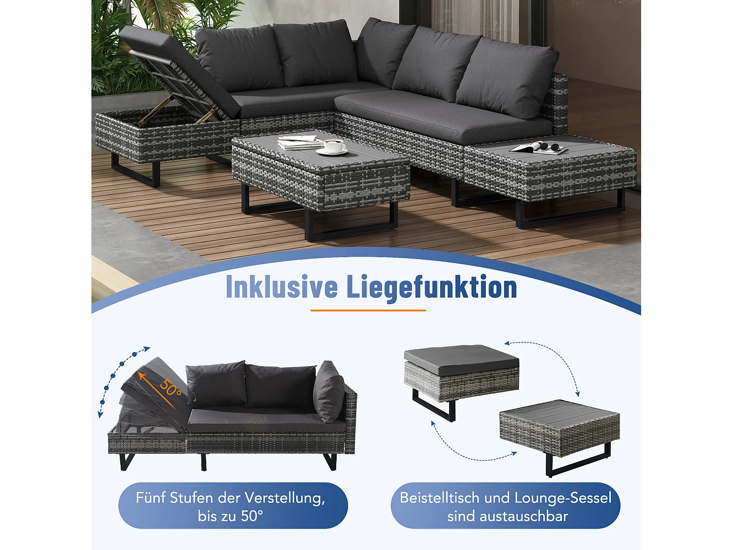 Modulair PE rotan tuinmeubel - geschikt voor 4 tot 5 personen - kunststof planken salontafel - Grijs