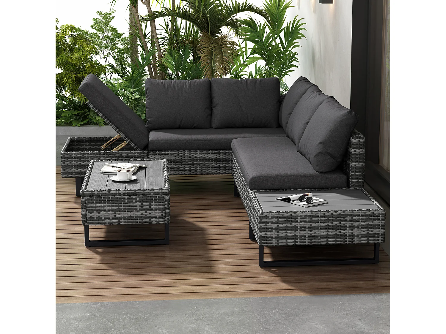 Salon de jardin modulable en rotin PE - adapté pour 4 à 5 personnes - table basse en planches de plastique - Gris