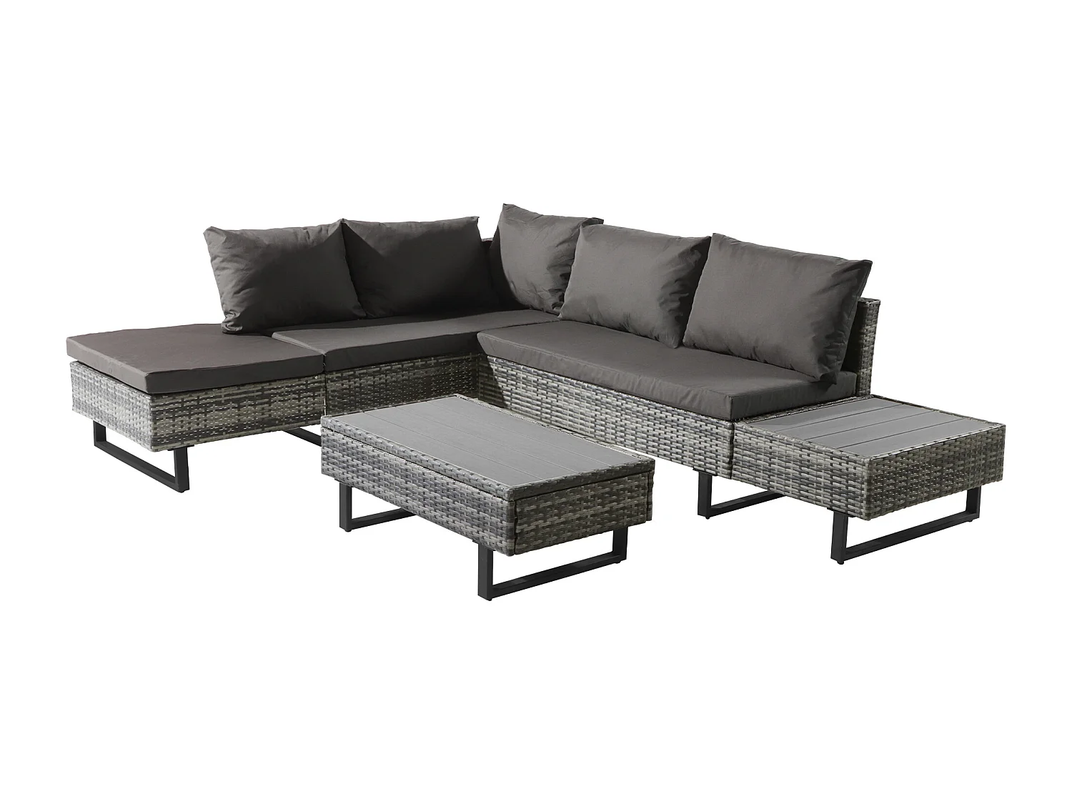 Salon de jardin modulable en rotin PE - adapté pour 4 à 5 personnes - table basse en planches de plastique - Gris