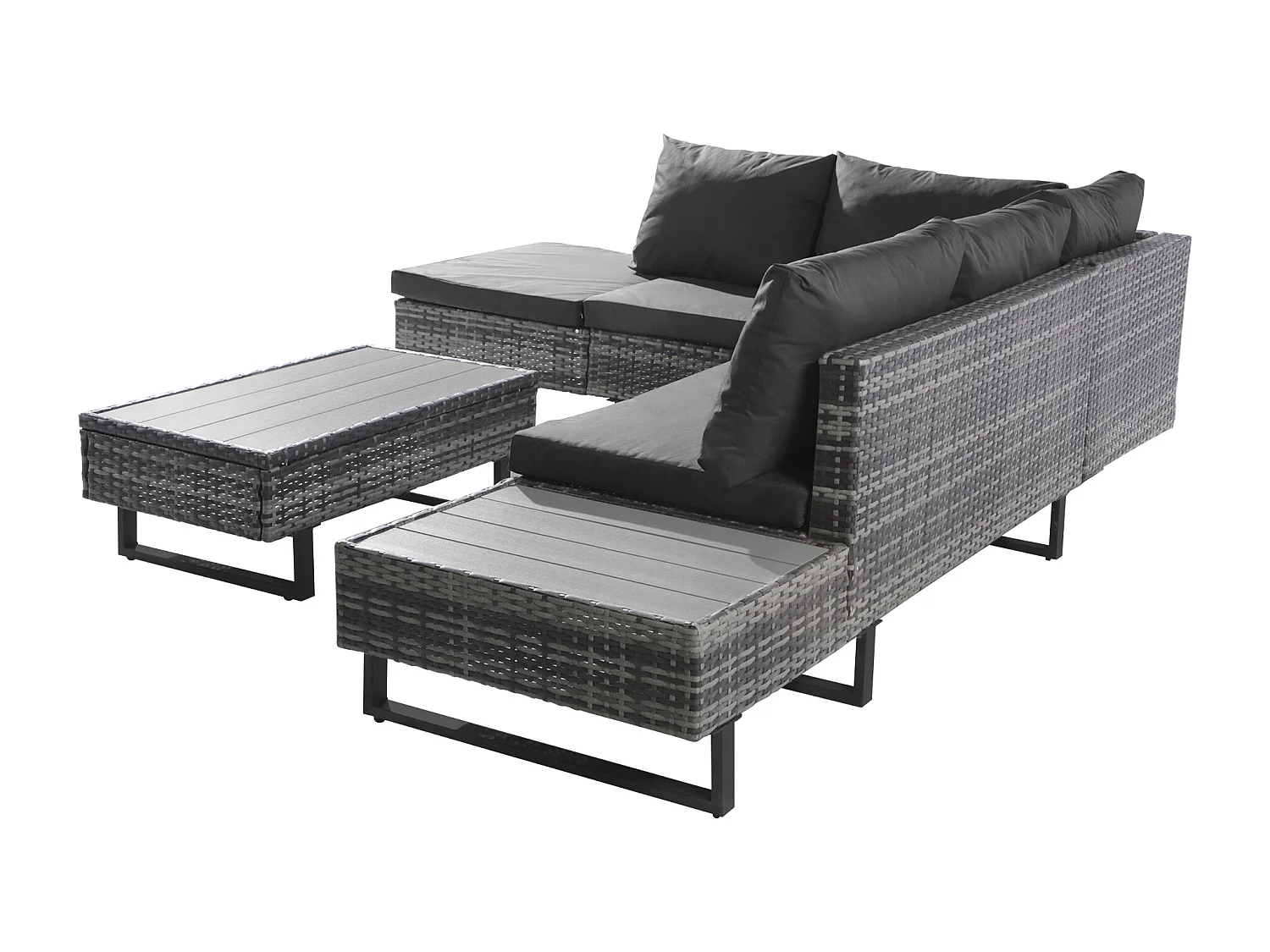 Salon de jardin modulable en rotin PE - adapté pour 4 à 5 personnes - table basse en planches de plastique - Gris