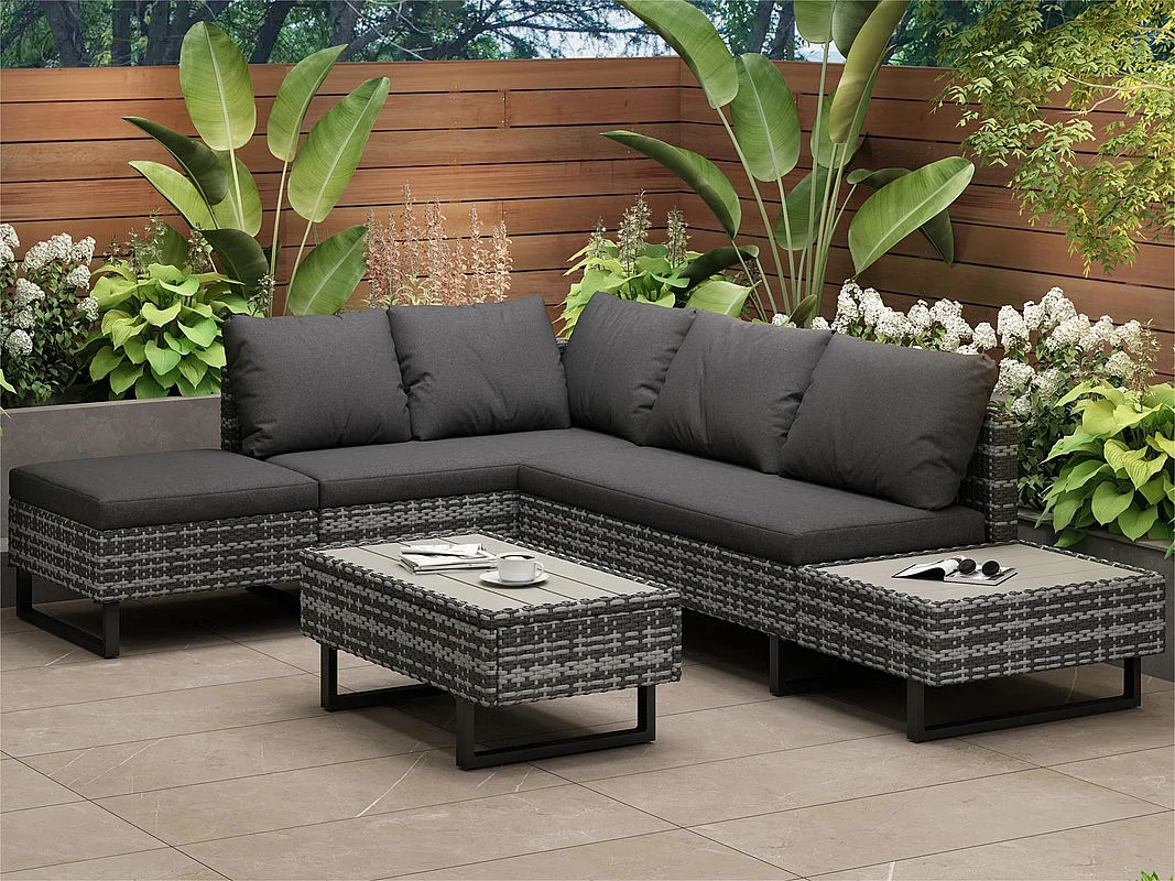 Salon de jardin modulable en rotin PE - adapté pour 4 à 5 personnes - table basse en planches de plastique - Gris