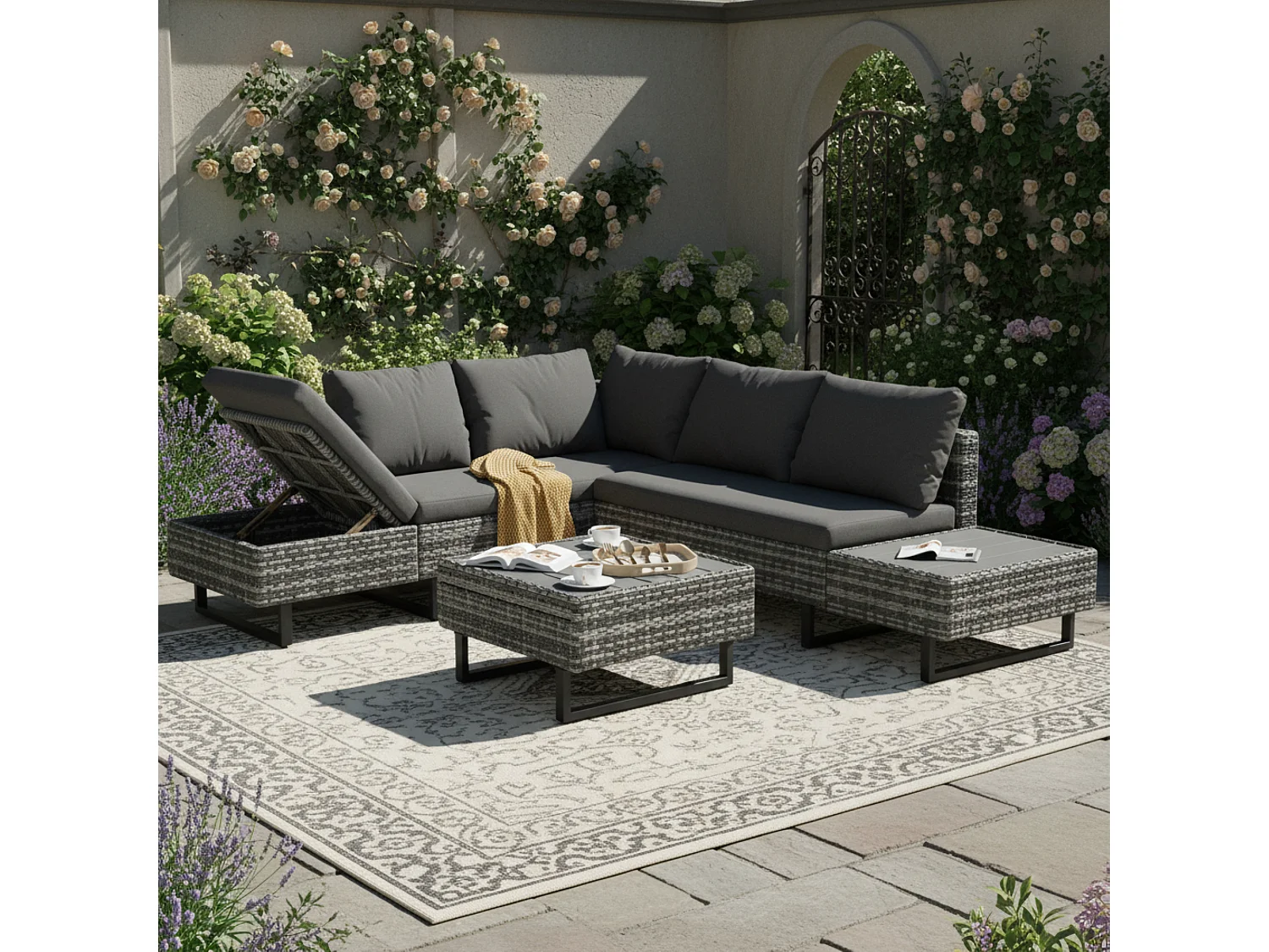 Salon de jardin modulable en rotin PE - adapté pour 4 à 5 personnes - table basse en planches de plastique - Gris