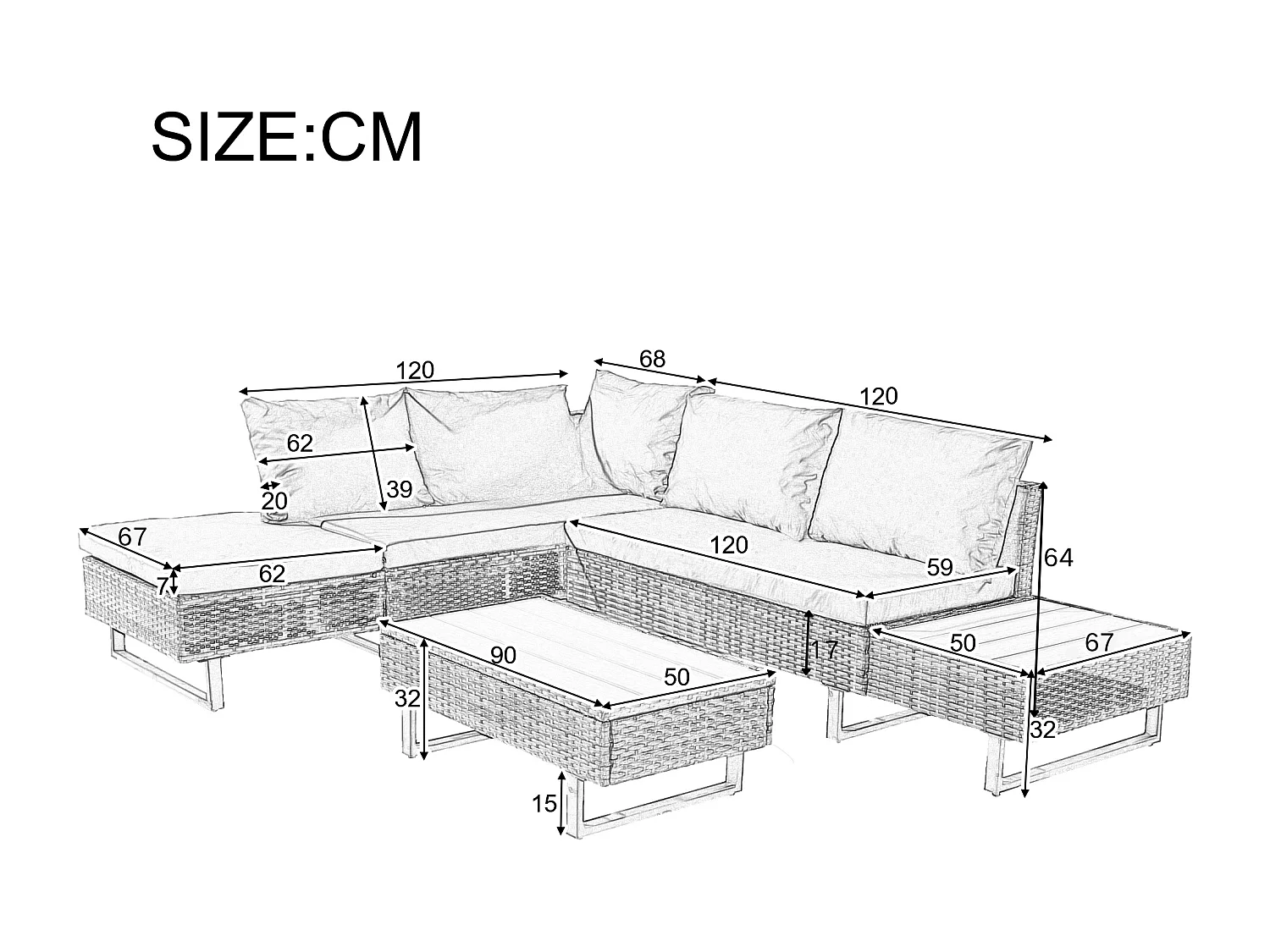 Salon de jardin modulable en rotin PE - adapté pour 4 à 5 personnes - table basse en planches de plastique - Gris