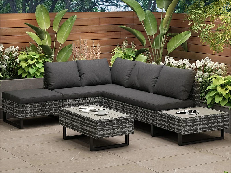 Mobili da giardino modulari in rattan PE - adatti per 4-5 persone - tavolino in assi di plastica - Grigio