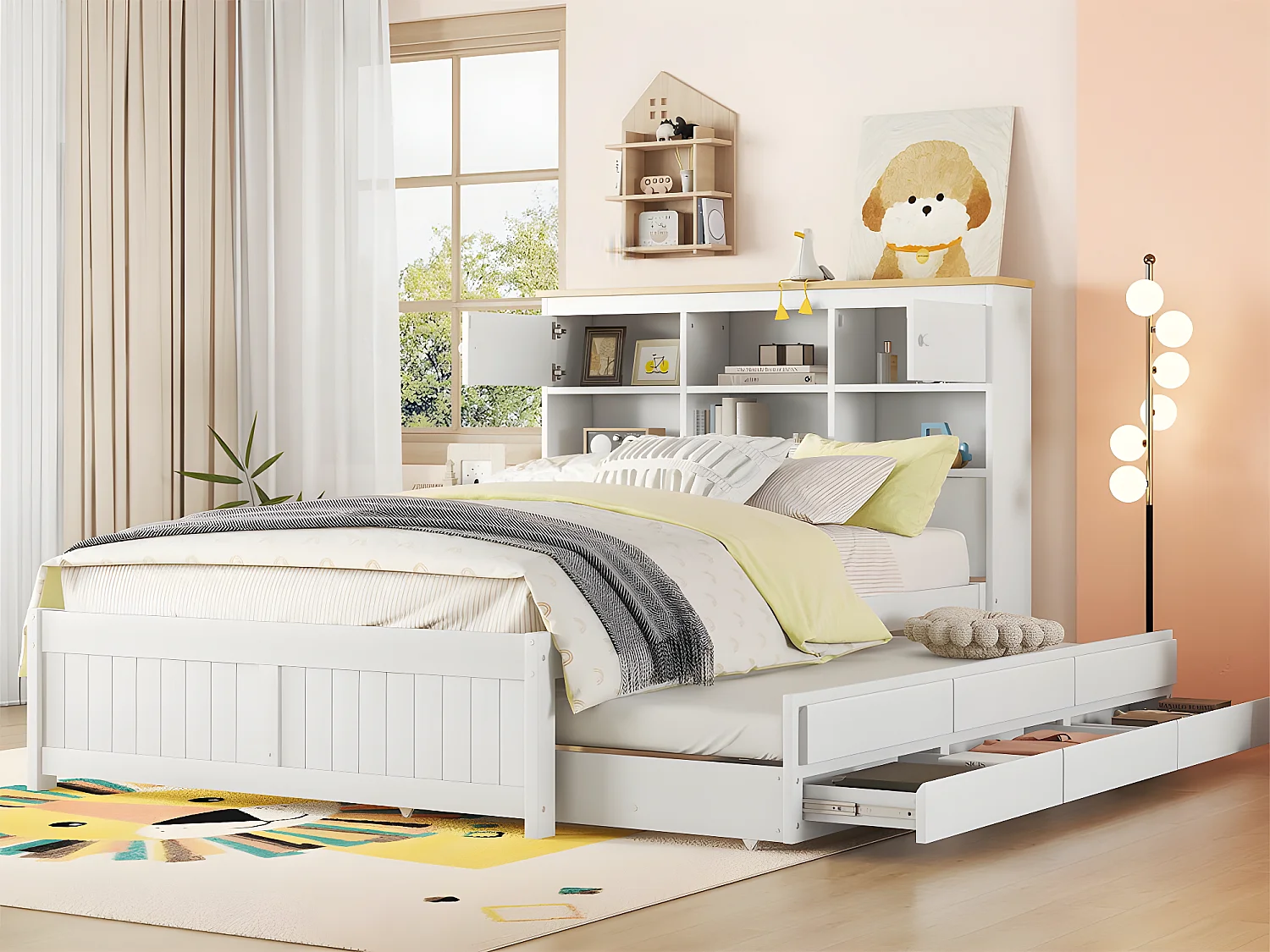 Lit gigogne en Bois 140x200cm - avec 3 tiroirs et tête de rangement - Blanc