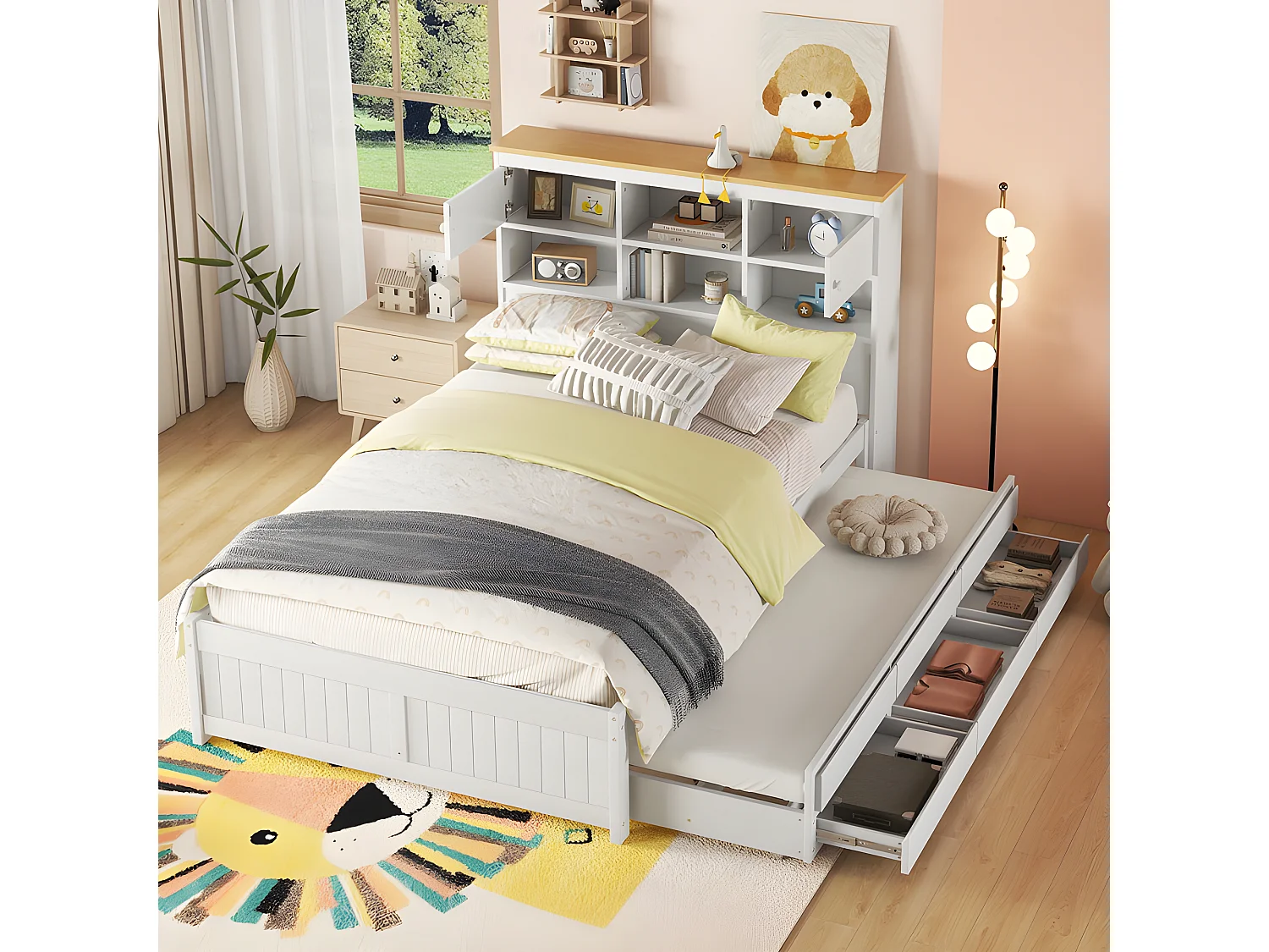 Lit gigogne en Bois 140x200cm - avec 3 tiroirs et tête de rangement - Blanc