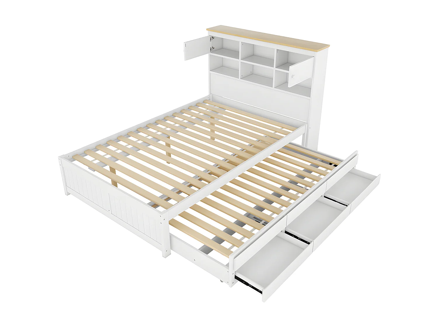 Lit gigogne en Bois 140x200cm - avec 3 tiroirs et tête de rangement - Blanc