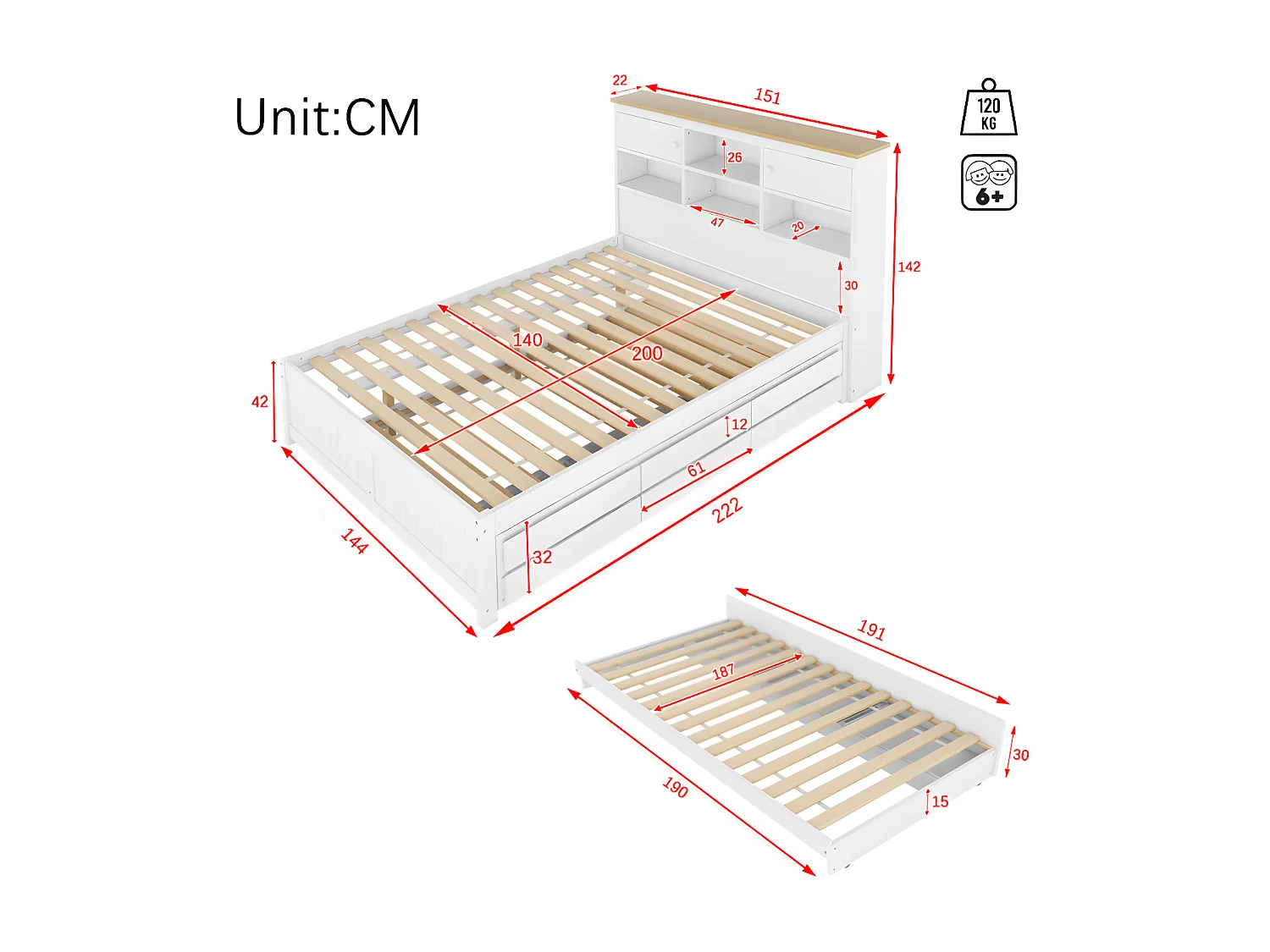 Lit gigogne en Bois 140x200cm - avec 3 tiroirs et tête de rangement - Blanc