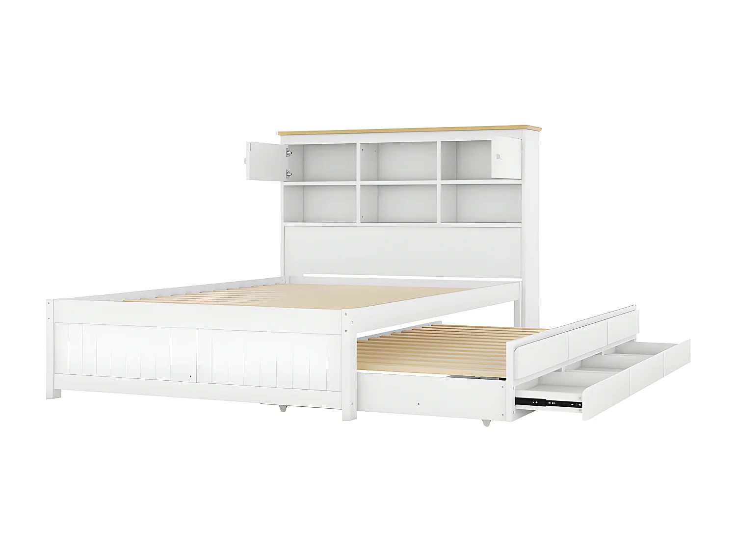 Lit gigogne en Bois 140x200cm - avec 3 tiroirs et tête de rangement - Blanc
