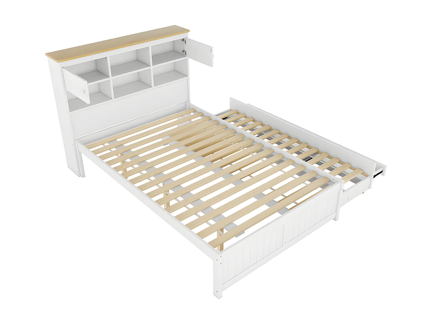 Lit gigogne en Bois 140x200cm - avec 3 tiroirs et tête de rangement - Blanc