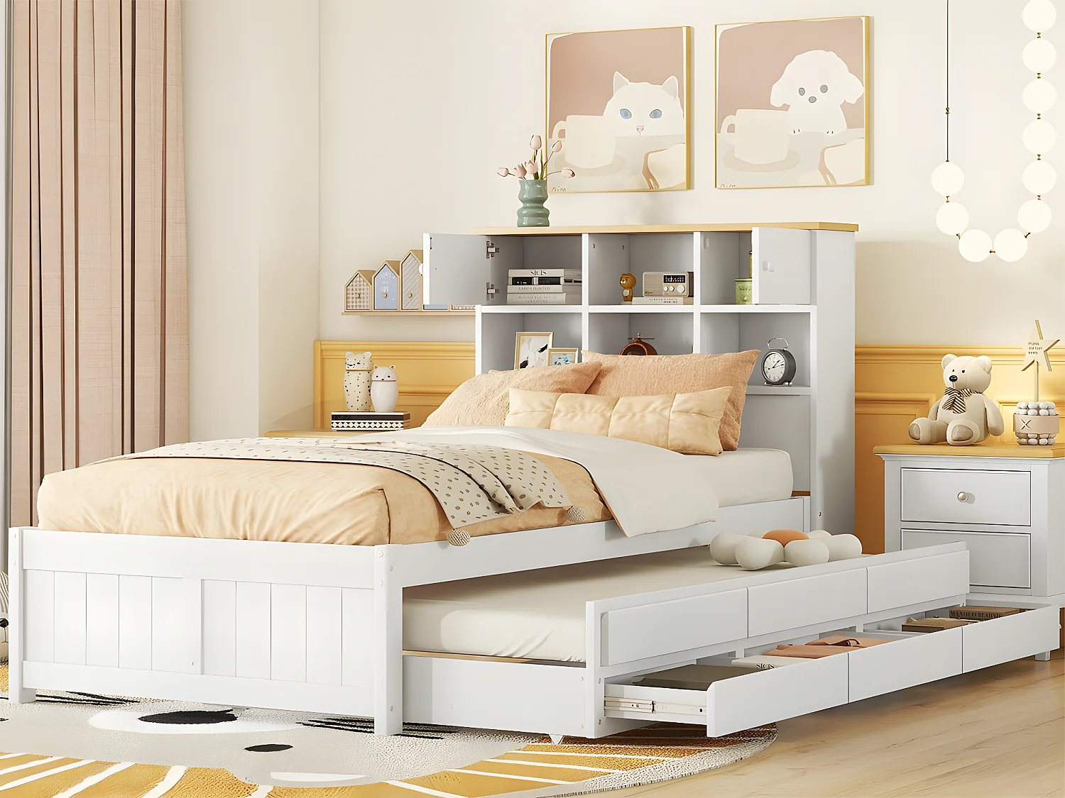 Cama nido de madera 90x200 cm - con 3 cajones y cabecero con almacenaje - Blanco