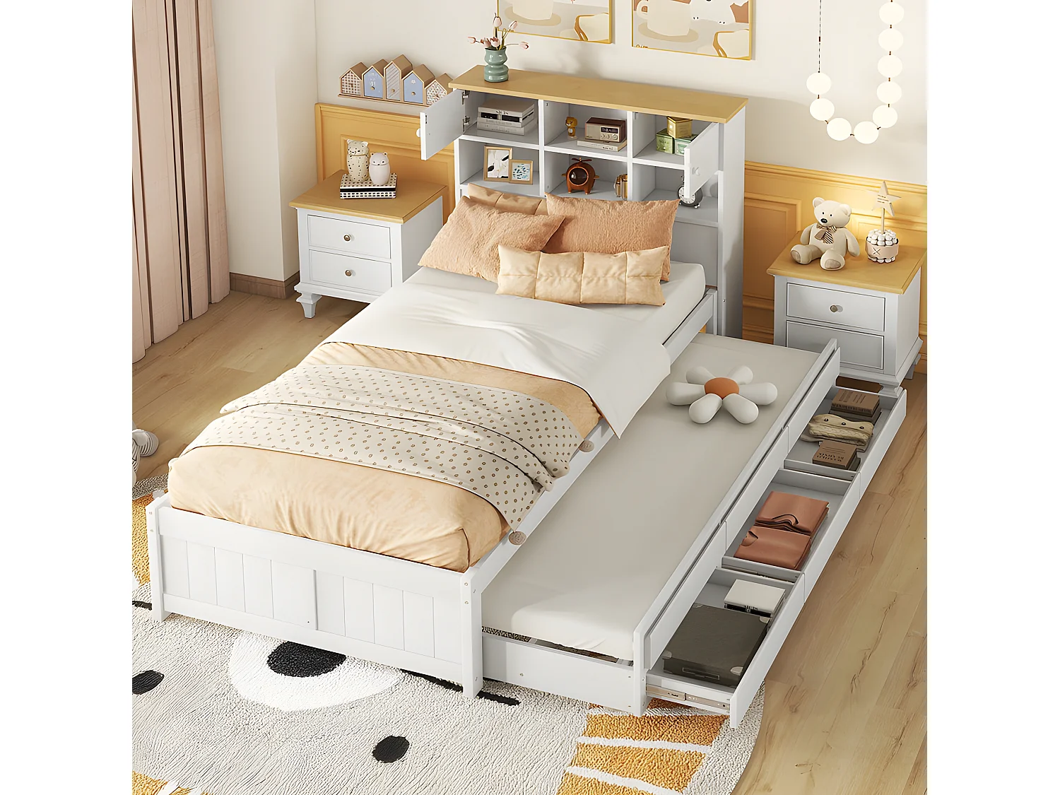 Cama nido de madera 90x200 cm - con 3 cajones y cabecero con almacenaje - Blanco