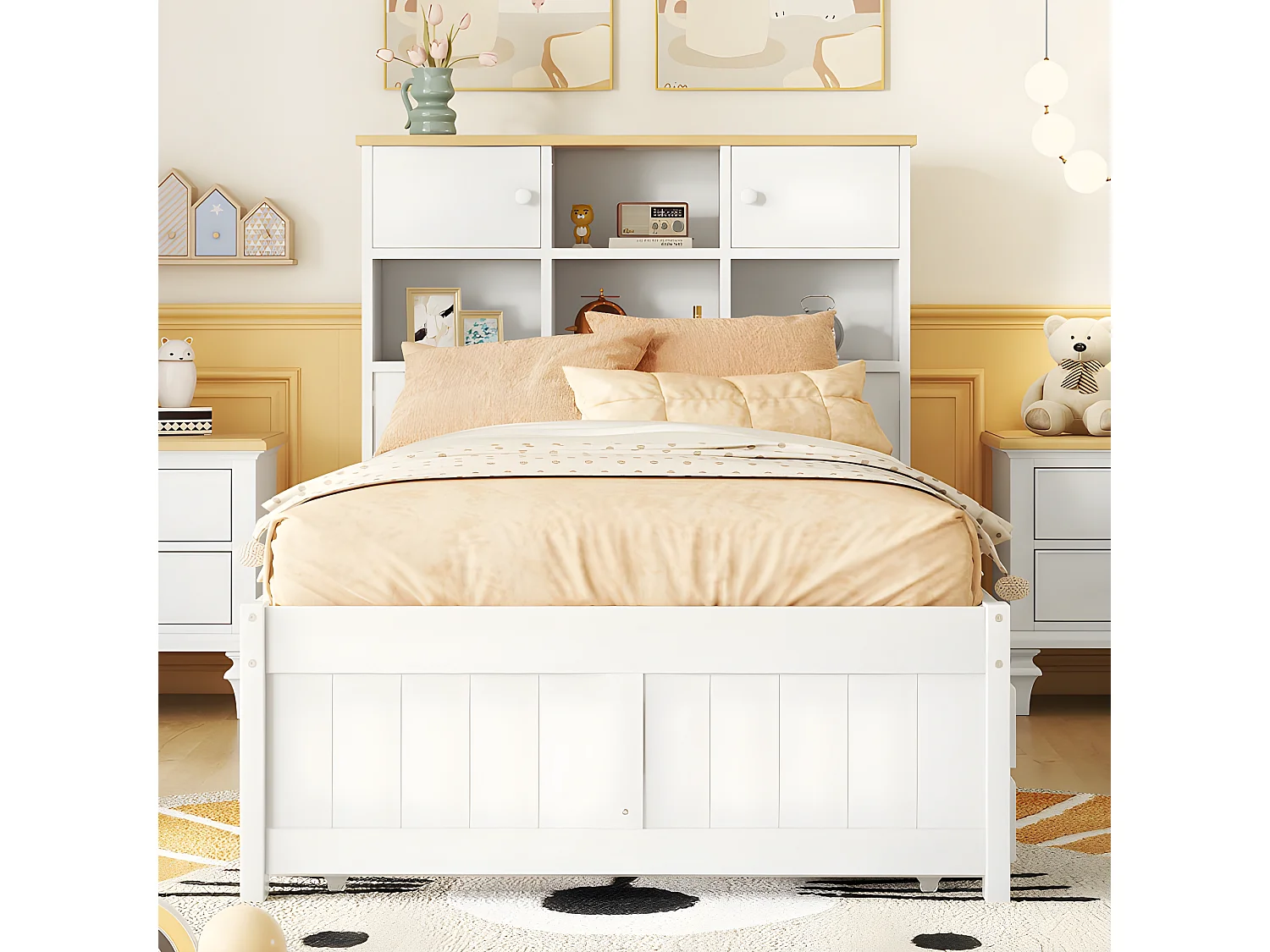 Cama nido de madera 90x200 cm - con 3 cajones y cabecero con almacenaje - Blanco