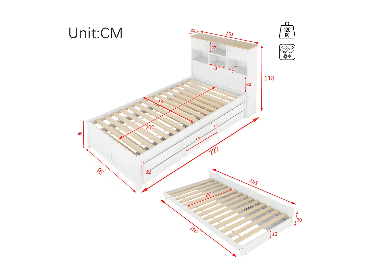 Cama nido de madera 90x200 cm - con 3 cajones y cabecero con almacenaje - Blanco