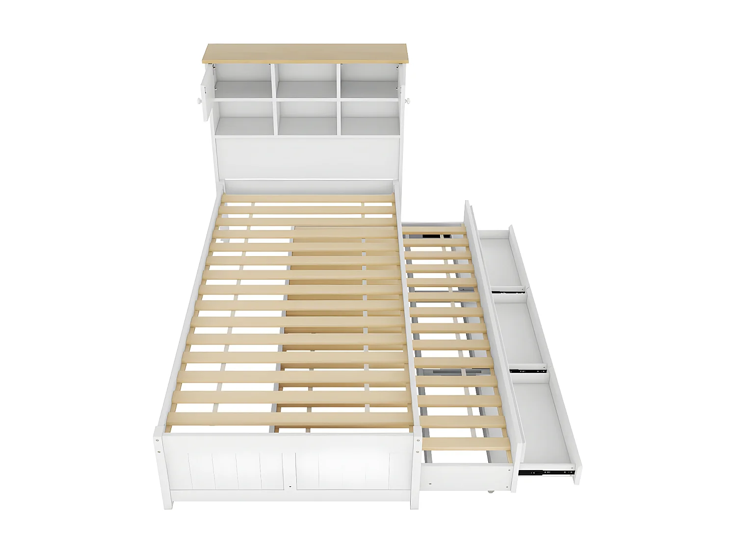 Cama nido de madera 90x200 cm - con 3 cajones y cabecero con almacenaje - Blanco